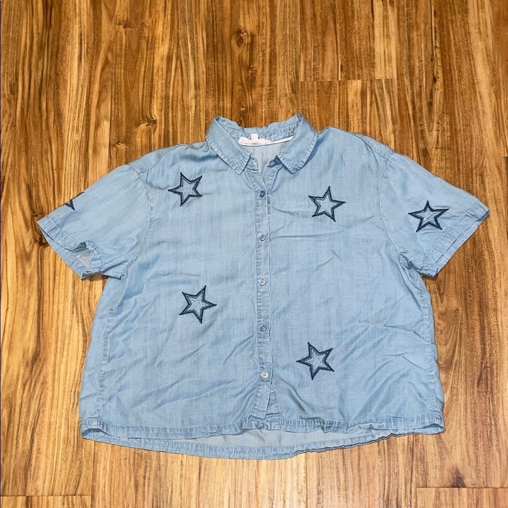 Jane and Delancey Light Blue Button-Down Shirt with Navy Star Embroidery